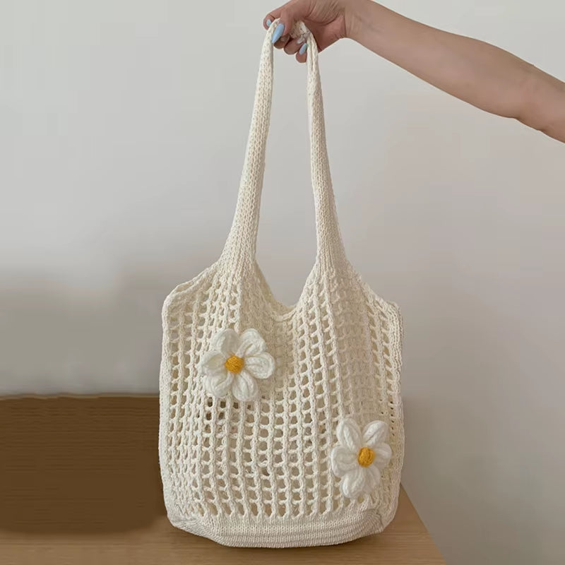 Women Knitted Shoulder Bag Fashion Tote Handbag Large Capacity Summer Beach Bag Lightweight Casual Top Handle Bag Chic Hobo Bag
