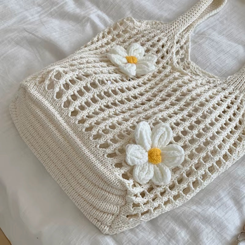 Women Knitted Shoulder Bag Fashion Tote Handbag Large Capacity Summer Beach Bag Lightweight Casual Top Handle Bag Chic Hobo Bag