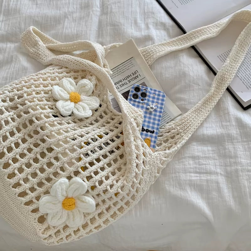 Women Knitted Shoulder Bag Fashion Tote Handbag Large Capacity Summer Beach Bag Lightweight Casual Top Handle Bag Chic Hobo Bag